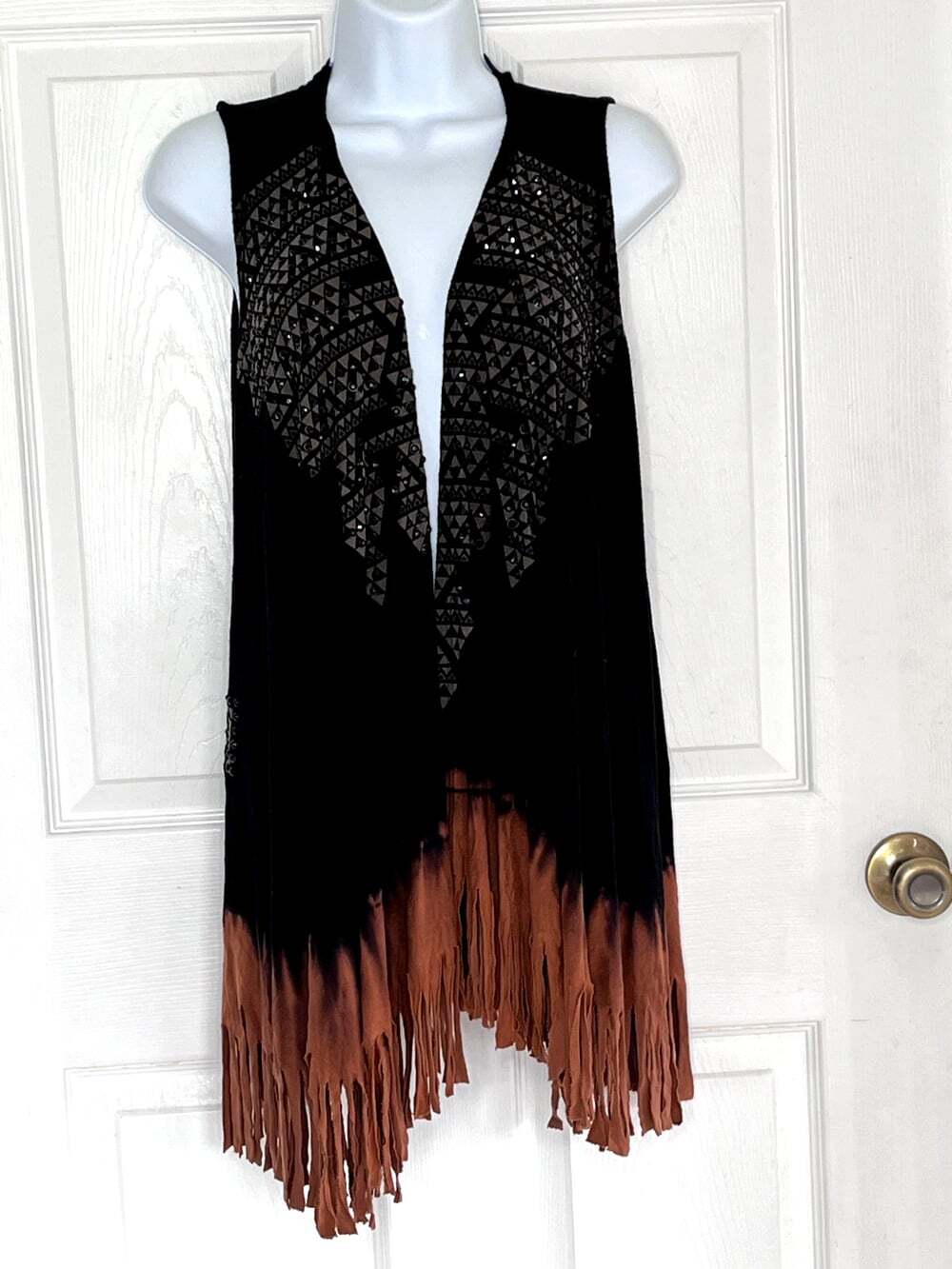 Vocal Boho Western Cowgirl Festival Rodeo Vest Bling Fringe Open Crochet sz M